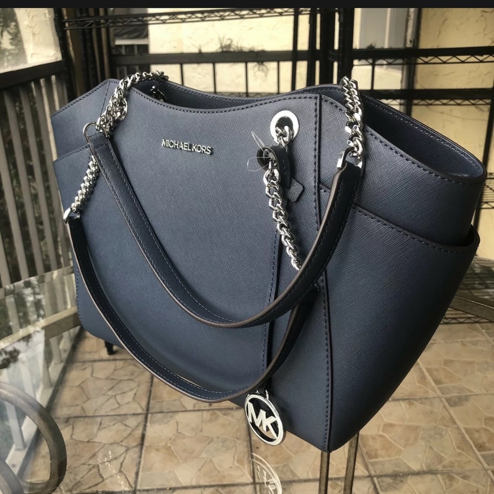 MICHAEL KORS JET SET TRAVEL LARGE CHAIN SHOULDER LEATHER TOTE BAG NAVY/SILVER